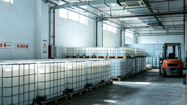 Adhesive and emulsion warehouse with storage tanks